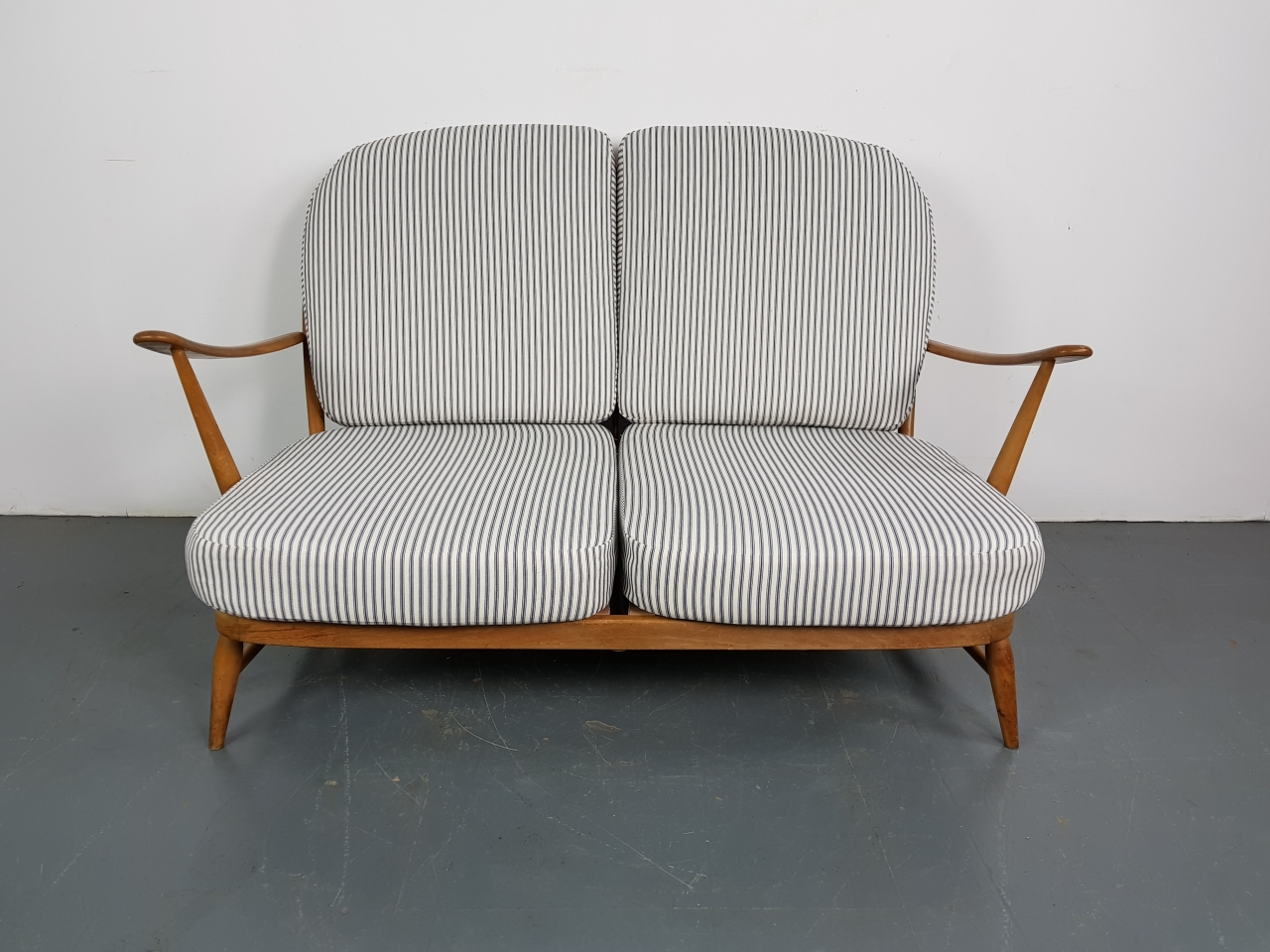 Vintage Ercol Windsor 2 Seater Sofa Upholstered In French Ticking