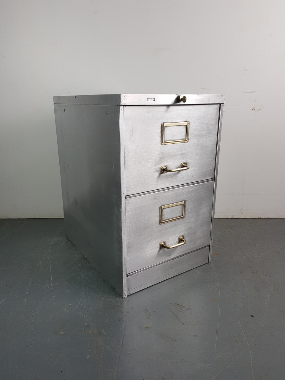 2 drawer vintage stripped metal filing cabinet wit brass handles ...