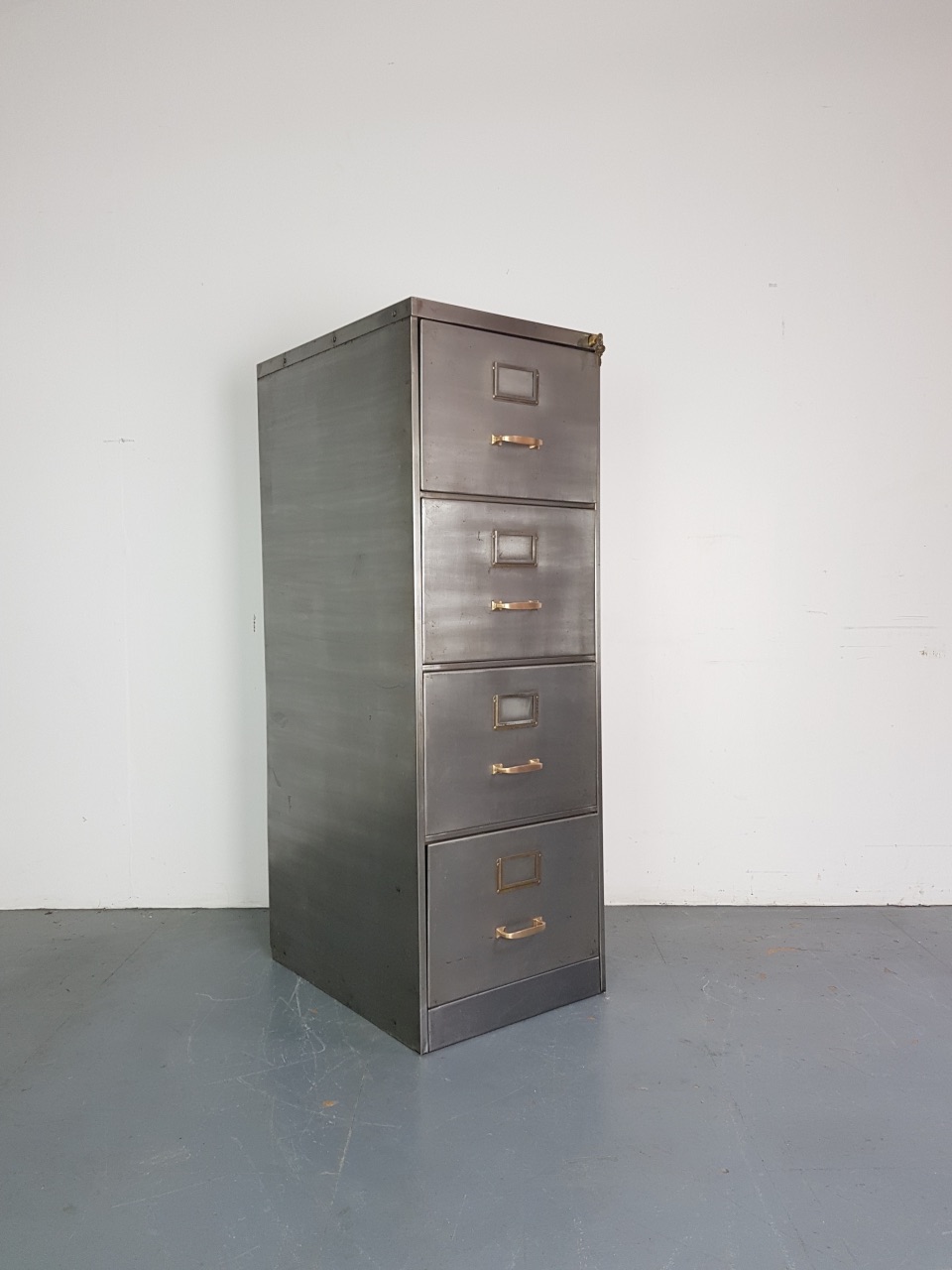 Vintage polished steel 4 drawer filing cabinet with brass handles ...